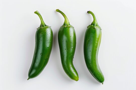 Three green peppers sitting next to each other on a white surface