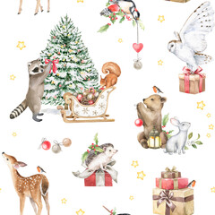 Watercolor Christmas seamless pattern with cute forest baby animals. Hand painted winter illustrations. New year decoration, fabric, textile, wallpaper, wrapping paper, card, print