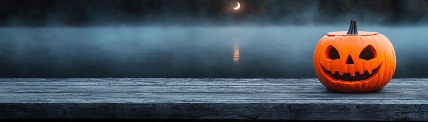 Jack-o'-lantern sitting on a weathered dock by a dark, still lake, with the dark moon reflecting on the water and dense fog swirling around, creating a scene of unsettling calm