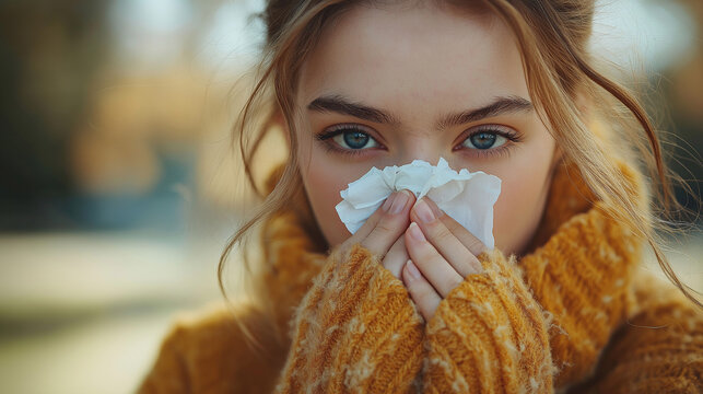 young woman stands park,  holding tissue to her nose as she sneezes. concept: seasonal cold rhinitis nose leaking use of paper handkerchiefs. influenza and arvi epidemics