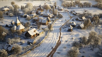 Fototapeta premium Winter Village Aerial View