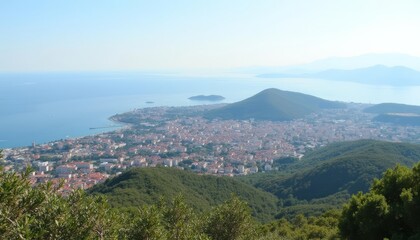 Fototapeta premium Panoramic view of a coastal city from a mountaintop