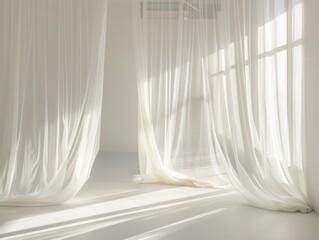 apartment white wall room with sheer long white curtains and soft light coming through soft light