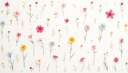 A delicate pattern of wildflowers, including pink, yellow, and blue flowers, scattered on a clean white background, symbolizing nature's beauty and simplicity.
