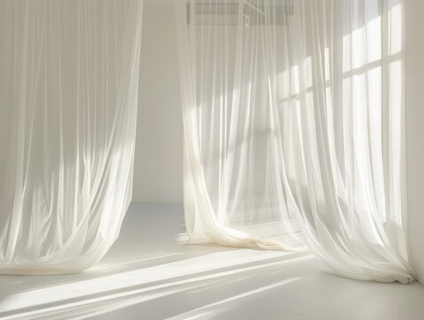 apartment white wall room with sheer long white curtains and soft light coming through soft light