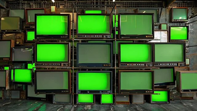 Close-up of a vintage television with a glowing green screen in a retro environment