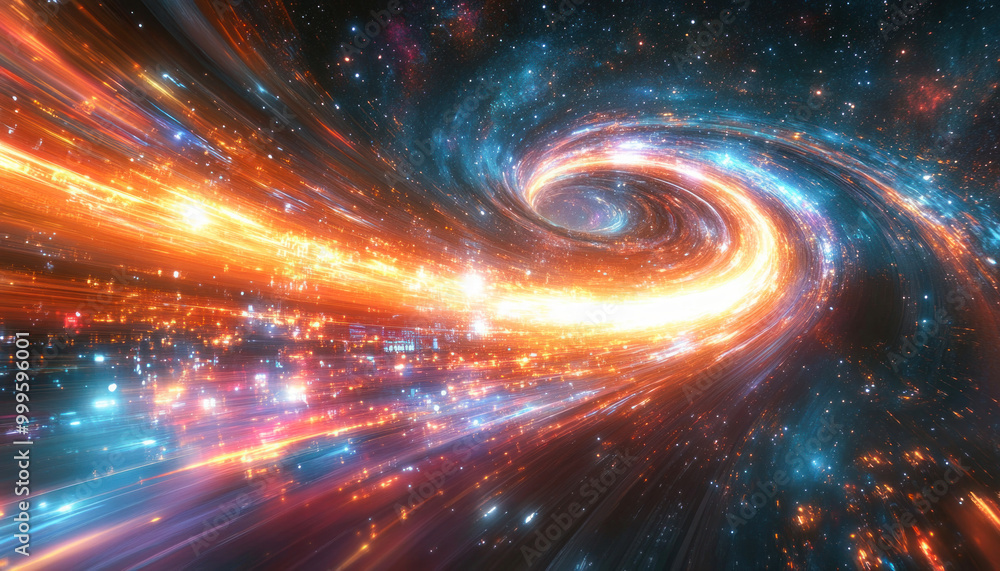 Poster spaceship entering wormhole with light speed trails in outer space