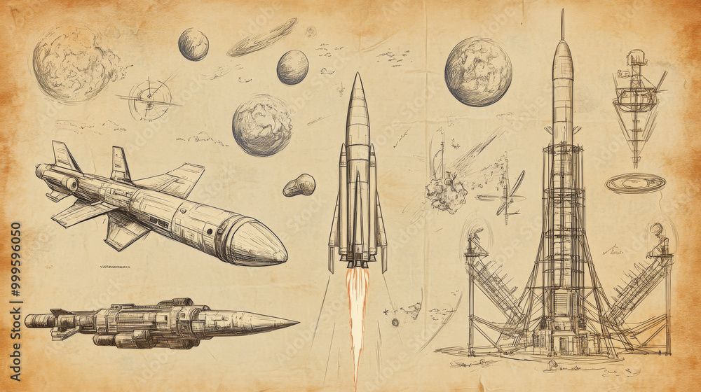 Poster a vintage sketch of a spaceship, rocket launching into the sky, and space objects like comets, aster