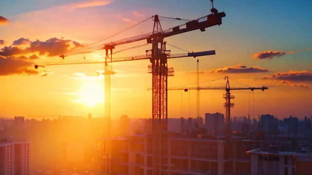 A crane stands out in silhouette against a vibrant setting sun, creating a striking visual contrast, A construction site with electrified construction equipment to reduce emissions