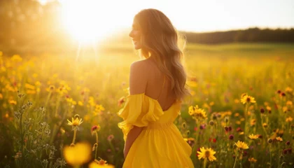 A sunny, outdoor scene of a woman in a yellow dress standing in a field of wildflowers