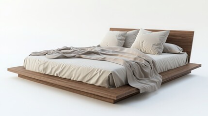 A stylish platform bed with minimalistic bedding and a pair of soft pillows, isolated on a white background