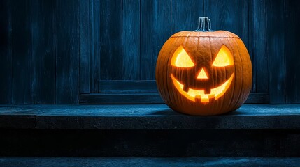 Single Jack-o'-lantern with a mischievous grin placed on the steps of a creaky