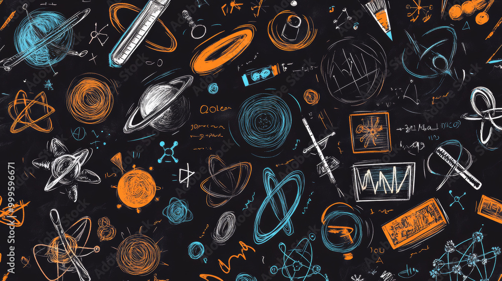 Poster a collection of science symbols, formulas, and experiments.this doodle-style design explores topics 
