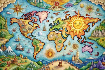 Whimsical, hand-drawn map of a fantastical, sun-kissed world