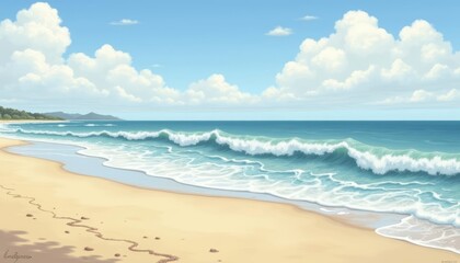 Fototapeta premium Tranquil beach scene with gentle waves and fluffy clouds