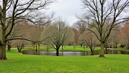 Obraz premium Tranquil park scene with a serene pond and bare trees