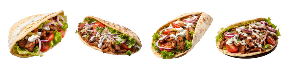Shawarma with chicken and vegetables grilled isolated on transparent background