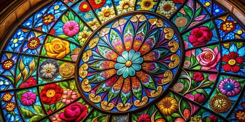Vivacious, floral patterns swirling within a stunning, stained glass window