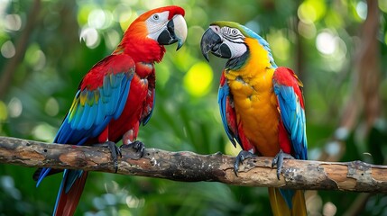 Obraz premium Two macaw parrots with blue hyacinth macaws perched on a branch