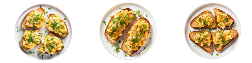 Scrambled egg toast top view isolated on transparent background