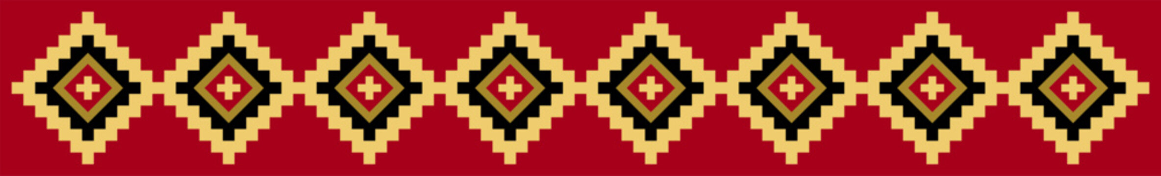 Diamond band motif from an Inca textile pattern. Based on a design of a tunic for men of the Inca Empire, from 15th century CE. Red band containing eight stepped diamond shapes of vibrant colors.