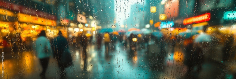 Poster raindrops cascading down a large window, distorting the vibrant scenes of a busy market beyond, crea