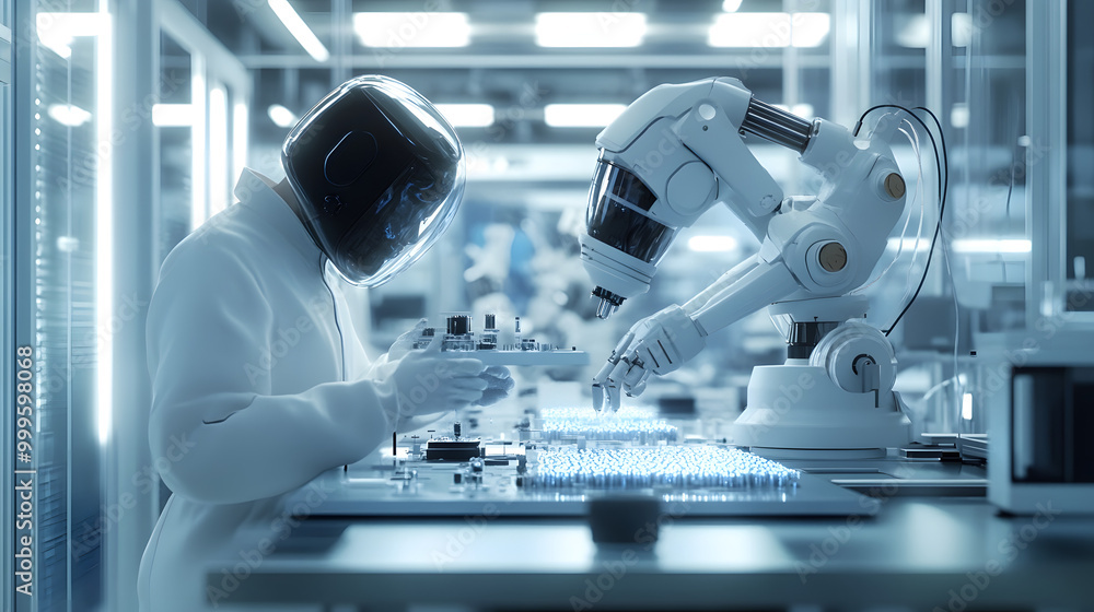 Poster a 3d rendering of a scientist and a robot working together in a cleanroom environment, focusing on t