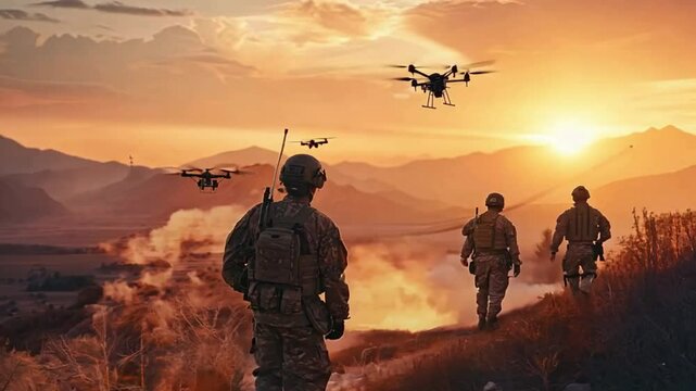 Soldiers observe drones flying over a mountainous landscape at sunset, highlighting military technology and surveillance.
