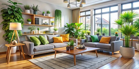 Fototapeta premium This stylish living room showcases modern furnishings, lush decorative plants, and ample natural light, crafting an