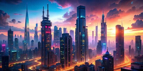 Fototapeta premium A futuristic cityscape at dusk, where towering skyscrapers and neon-lit streets blend with an ethereal, dreamlike quality, as if the buildings themselves were alive and pulsing with vibrant color.