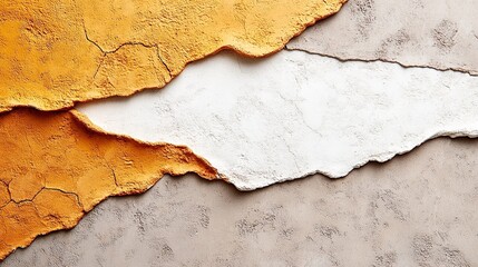 Abstract Textured Wall with Cracks and Layers of Ochre, White, and Grey Paint