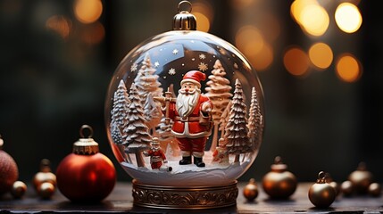 christmas tree decorations in a glass globe, santa claus with gifts, snowman in the snow,