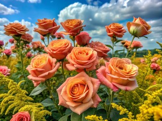 Coral-colored roses blooming amidst a sea of goldenrod wildflowers, under a vintage, lace-like sky