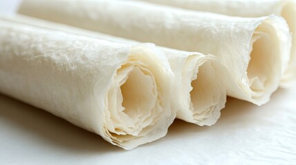 Rolled sheets of delicate, translucent paper, their edges curling inwards to reveal a soft, layered texture.