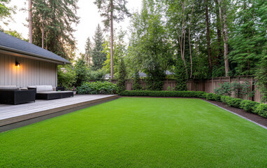 Fototapeta premium A serene backyard with lush artificial grass, contemporary seating, and surrounded by tall trees in the afternoon light