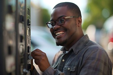 1. Beautiful African American man with eyeglasses smiling and laughing while inserting coin into parking meter.  2. Beautiful person holding a coin and inserting it into the parking meter