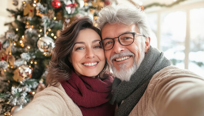 Fototapeta premium Happy couple taking a selfie wearing winter clothes by the christmas tree