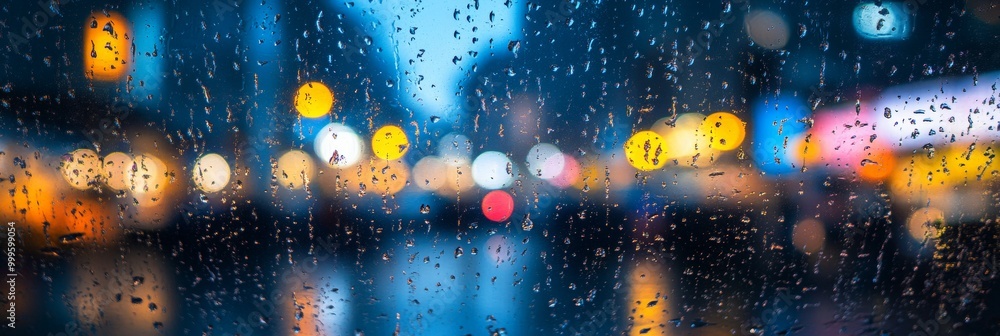 Poster raindrops adorn a vast window, obscuring the vibrant activity of a lively market beyond, creating a 