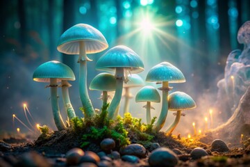 Fototapeta premium Glowing, iridescent mushrooms sprouting from a bed of warm taupe soil, surrounded by a halo of soft, pastel teal mist in a mystical forest