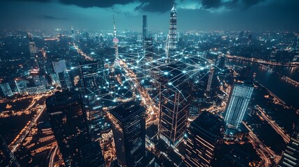 Obraz premium Modern city with wireless network connection and city scape concept.Wireless network and Connection technology concept with city background at night. 