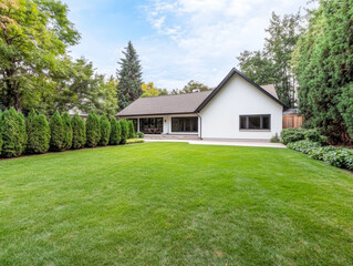 Modern single-story house with a well-maintained lawn and large windows surrounded by trees on a sunny day