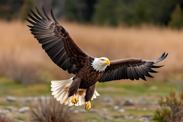 Obraz premium Bald Eagle Soaring in Natural Habitat Scenic Background