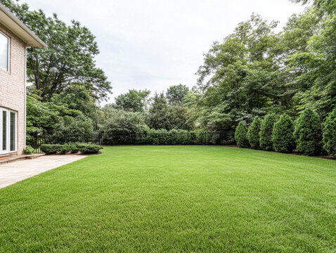 Lush green backyard with manicured lawn and tall trees under a cloudy sky in suburban area