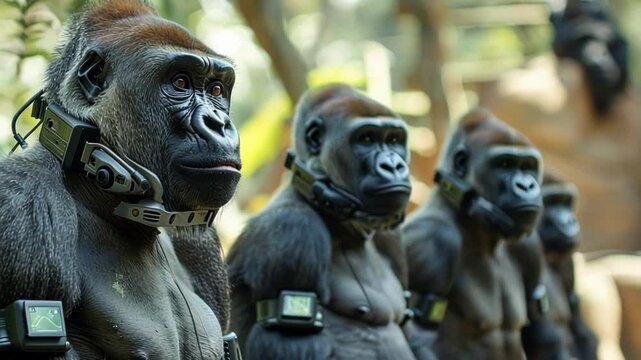 Group of gorillas wearing brain computer interface devices are standing in a jungle setting, possibly undergoing neurological research or enhancement