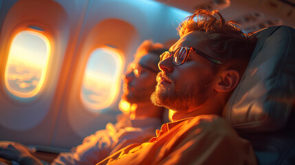 Two businessmen are enjoying a relaxing flight during a business trip at sunset