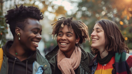 Obraz premium Three friends laugh together while strolling in a park, wrapped in colorful scarves as the sun sets.