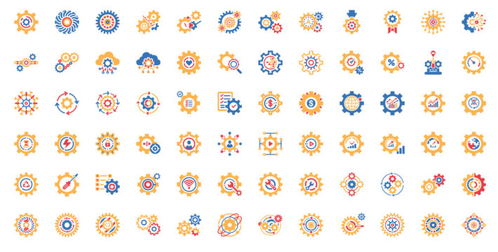 cogs gears colors themed icon collection, teamwork cooperation, Technology Innovation Engineering Idea