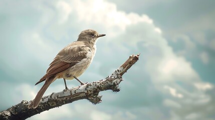 Under a cloudy sky grey brown bird with a silver head perches on a tree branch