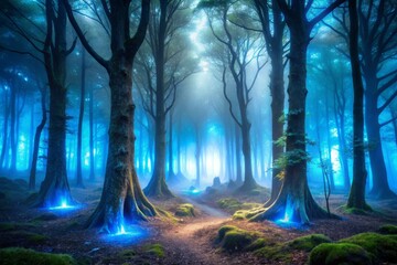 A mystical mist veils an ancient forest, as tendrils of neon blue light creep through the trees, gradually warming to gray as they reach the foggy horizon.