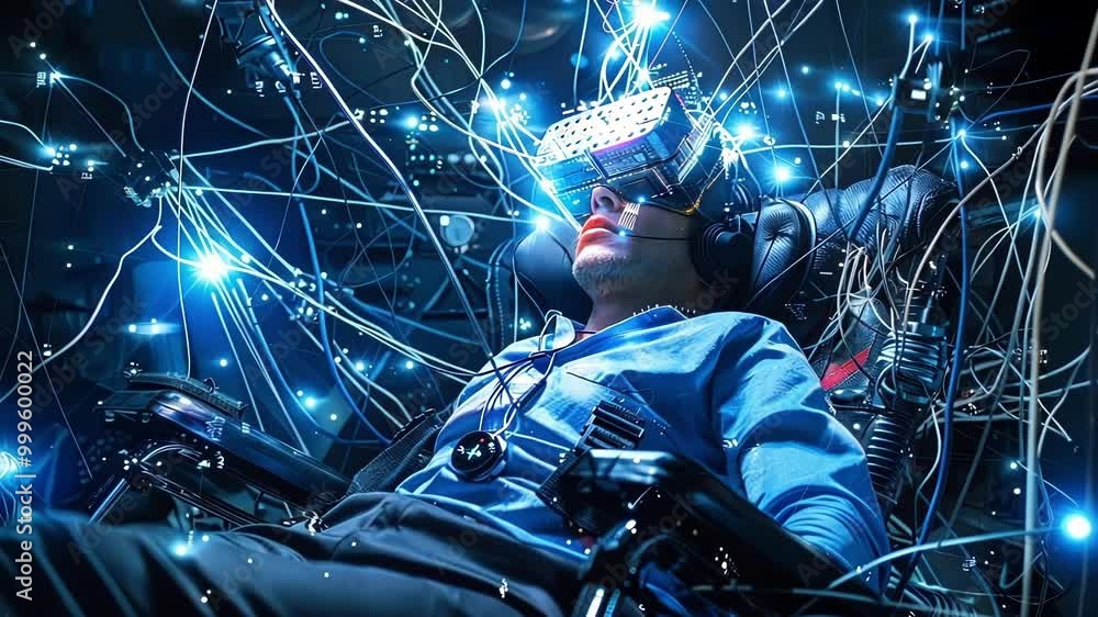 Poster scientist in a vr headset explores a neural network simulation with glowing brain connections, study